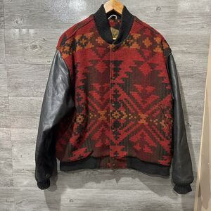 Woolrich Women Wool Aztec Snap Leather Sleeve Hip Vintage Coat Size M